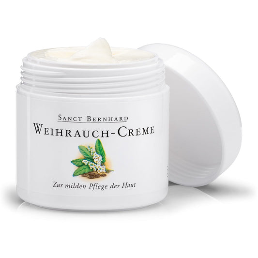 Creme mit Weihrauchöl von Kräuterhaus Sanct Bernhard, 100 ml, cremige Pflegecreme in Dose, sichtbare Verpackung und Textur