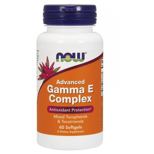 Gamma E Komplex Vitamin E Kapseln von NOW FOODS mit gemischten Tocopherolen und Tocotrienolen, Verpackung mit 60 Kapseln.