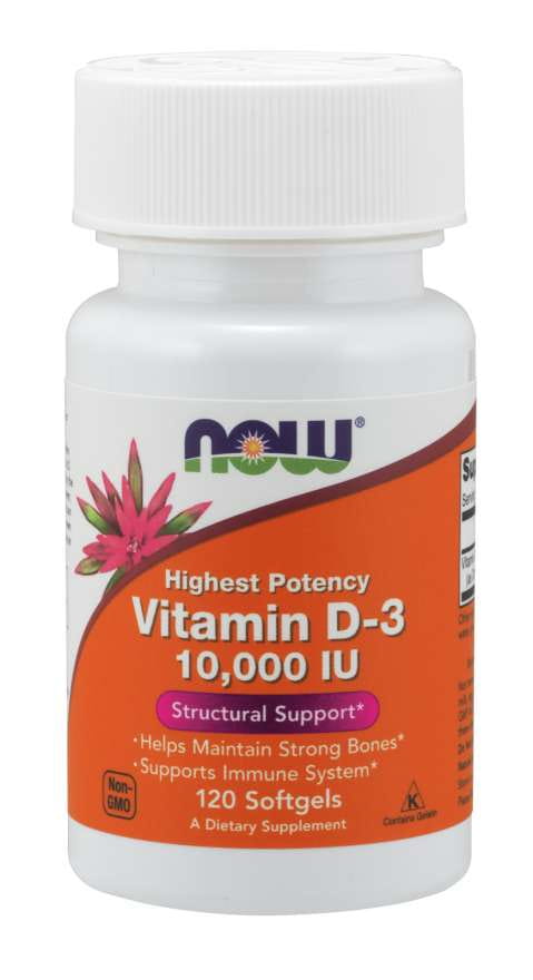 Vitamin D3 10.000 IE Kapseln von NOW FOODS, 120 Stück, hochdosierte Vitamin D3 Ergänzung, gelbe Kapseln auf weißem Hintergrund