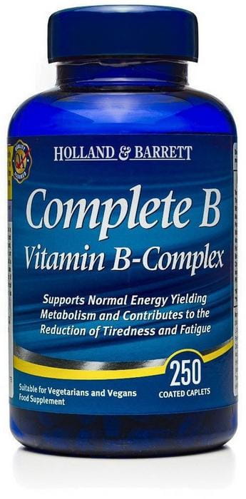 Vitamin B-Komplex Tabletten von Holland & Barrett, 250 Stück, Nahaufnahme der Verpackung und Tabletten auf weißem Hintergrund
