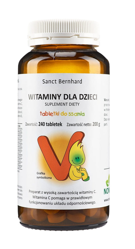 Kinder-Vitamin-Tabletten von Kräuterhaus Sanct Bernhard, 240 Stück, in einer offenen Packung mit Tabletten.