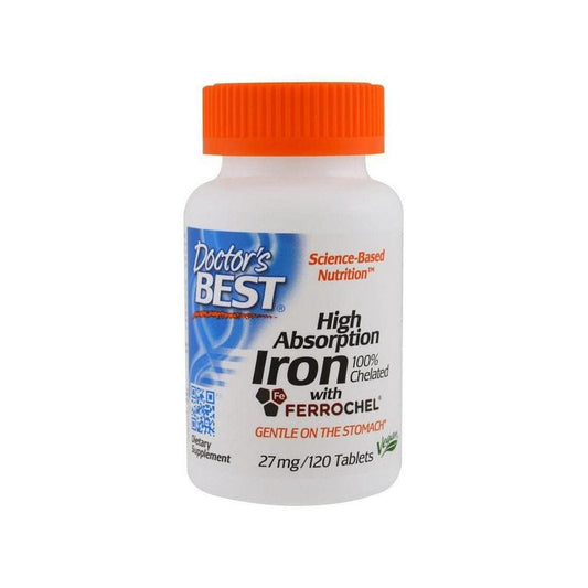 Eisen 27 mg Eisen Tabletten von DOCTOR'S BEST, 120 Stück, zeigt die Packung mit Tabletten auf weißem Hintergrund.