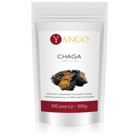Chaga-Extrakt 40 % Polysaccharide, 100 g von YANGO, Nahaufnahme der Verpackung und Produktbeschreibung