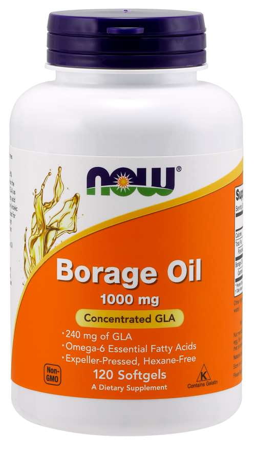 Borretschöl Kapseln von NOW FOODS, 1000 MG, 120 Stück, Nahaufnahme der gelben Kapseln in einer Packung.