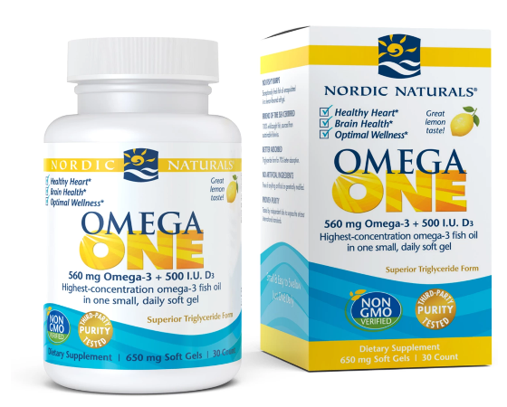 Omega One 30 Kapseln von Nordic Naturals, Nahrungsergänzungsmittel mit Omega-3-Fettsäuren, geöffnete Verpackung und Kapseln sichtbar