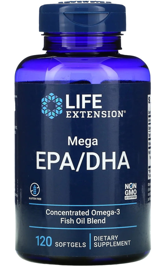 Omega-3-Fischölkapseln Mega EPA / DHA von LIFE EXTENSION in einer weißen Flasche, 120 Kapseln für Herz und Gehirn.