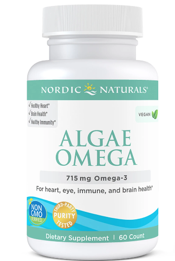 NORDIC NATURALS Algen Omega 120 Kapseln, vegane Omega-3-Kapseln aus Algen, sichtbare Verpackung und Kapseln.
