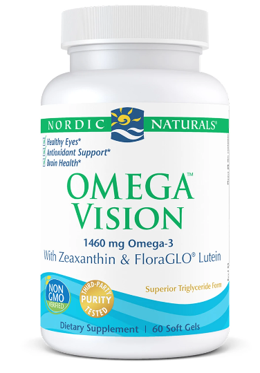 Omega Vision 60 Kapseln von Nordic Naturals, die orangefarbenen Kapseln in einer Packung auf weißem Hintergrund.