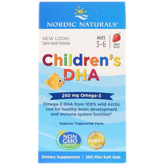 NORDIC NATURALS DHA für Kinder 250 mg, 360 Kapseln, Nahaufnahme der Verpackung und Kapseln auf weißem Hintergrund