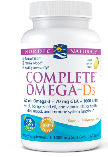 OmegaD3 Kapseln von NORDIC NATURALS, 60 Stück, hochwertige Fischöl-Kapseln für Omega-3-Fettsäuren, Nahaufnahme der Verpackung