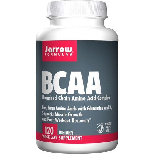 JARROW FORMULAS BCAA-Aminosäuren in 120 Kapseln, Nahaufnahme der JARROW FORMULAS Verpackung und Kapseln