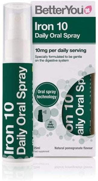 Orales Eisenspray BETTERYOU, 25 ml, 10-tägige Eisenaufnahme, Flasche mit Dosierspray auf weißem Hintergrund