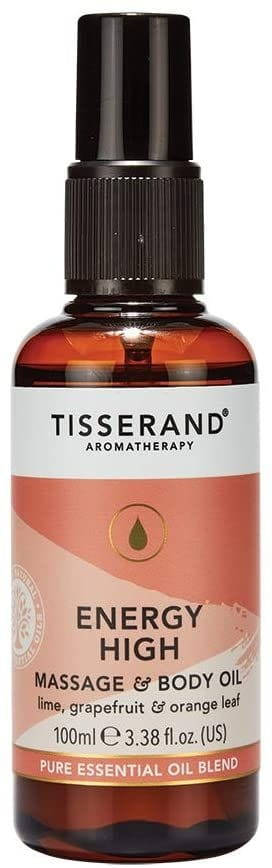 Energie-High Massage- und Körperöl von TISSERAND, 100 ml Flasche mit Massageöl für entspannende Anwendungen.