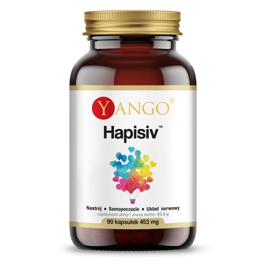 Hapisiv 90 Kapseln von YANGO, Nahrungsergänzungsmittel in einer weißen Verpackung, Nahaufnahme der Kapseln.