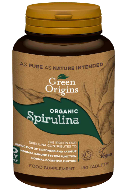 Bio-Spirulina Tabletten von GREEN ORIGINS, 180 Stück, grüne Spirulina-Tabletten in einer blauen Packung, nahaufnahme