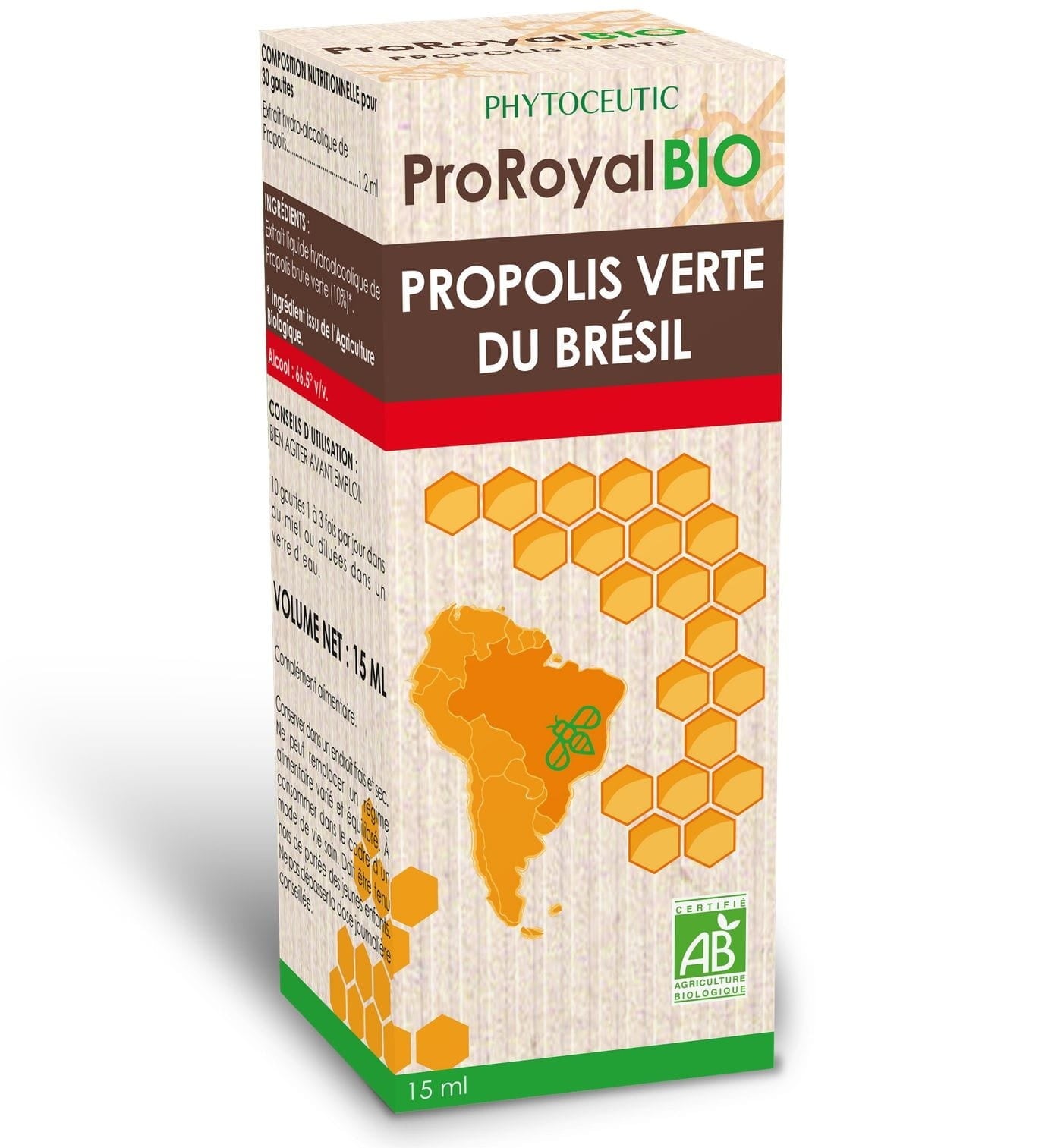 BIO Propolis Tropfen von LABORATOIRES PHYTOCEUTIC in 15 ml Flasche, Nahaufnahme der Tropfen in dunkler Flasche.