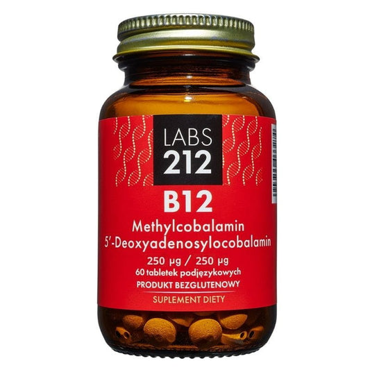 B12 Methylcobalamin und 5'-Desoxyadenosylcobalamin Tabletten von LABS212, Verpackung und 60 Tabletten sichtbar
