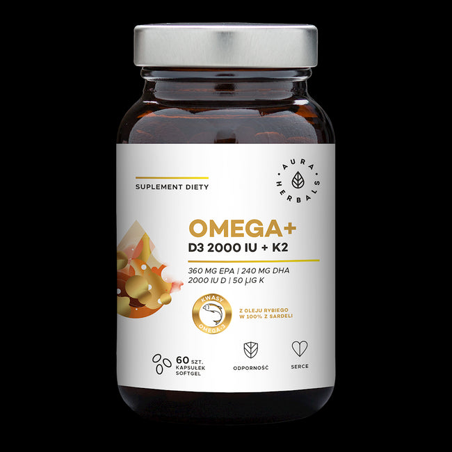 Omega und Vitamin D3 2000 IE / Cholecalciferol / 50 mcg und K2 MK7 60 Kapseln AURA HERBALS Hover Image