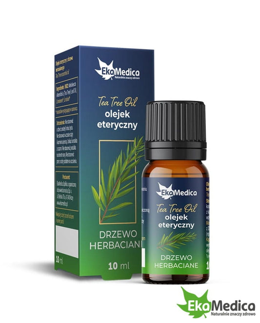 Ätherisches Teebaumöl von EKAMEDICA in 10 ml Flasche, naturbelassenes ätherisches Öl mit grüner Verpackung.