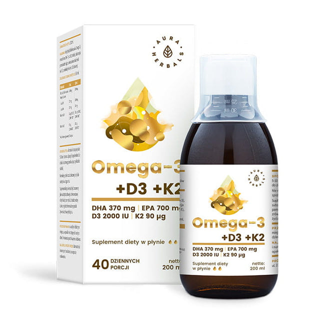Omega3 370 DHA und D3 2000iu und K2MK7 flüssig 200 ml AURA HERBALS Hover Image