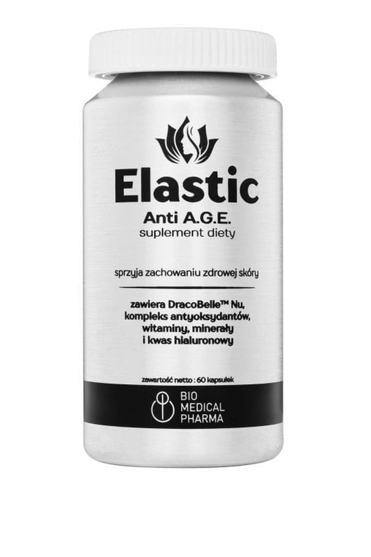 Elastische Anti-Age 60 Bio Medical Pharma Kapseln in einer weißen Dose, Nahaufnahme der Produktverpackung.