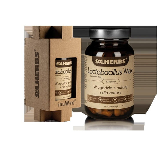 Lactobacillus max 60 Kapseln von SOLHERBS, probiotische Nahrungsergänzung in weißen Kapseln, sichtbare Verpackung und Kapseln.