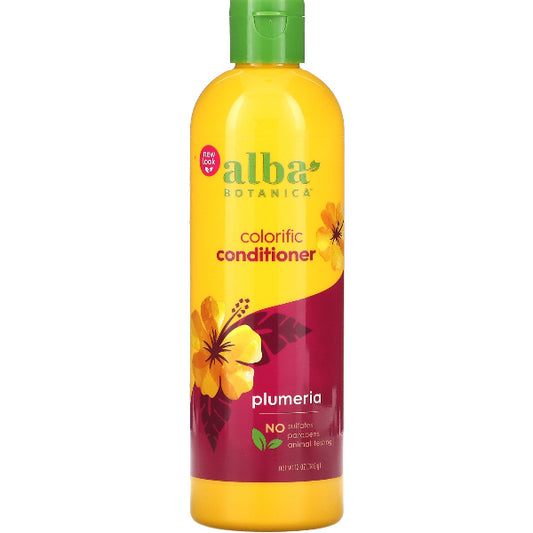 Hawaiischer ALBA BOTANICA Conditioner mit buntem Plumeria-Blumenmuster, feuchtigkeitsspendend und pflegend für das Haar.