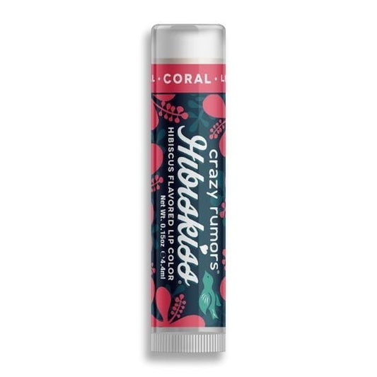 Färbender Lippenbalsam in Koralle von CRAZY RUMORS, zeigt einen offenen Lippenbalsam mit Korallenfarbe auf einem weißen Hintergrund.