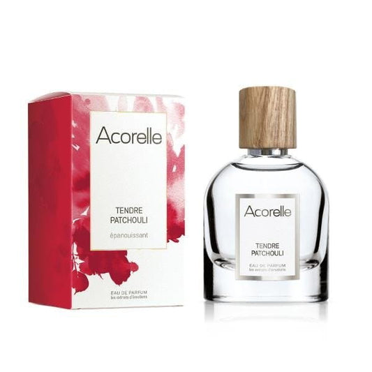 Biologisches Patchouli Eau de Parfum von ACORELLE, zarter Duft mit natürlichen Inhaltsstoffen, in eleganter Flasche.
