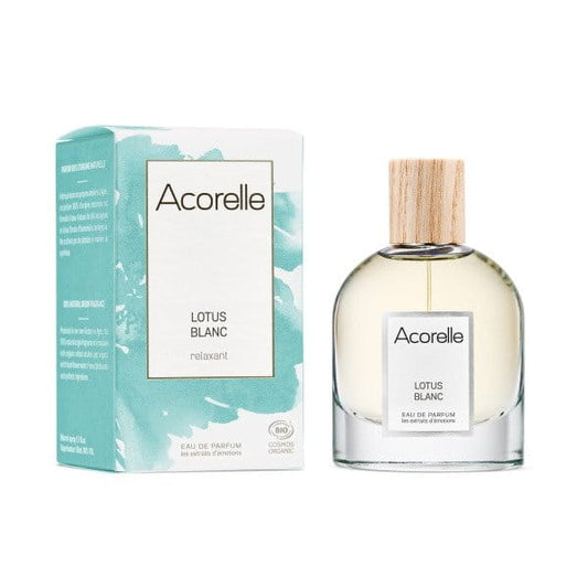 Bio-Lotus Blanc Eau de Parfum von ACORELLE, stilvolle Flasche mit floralem Duft, ideal für elegante, natürliche Parfüm-Liebhaber.