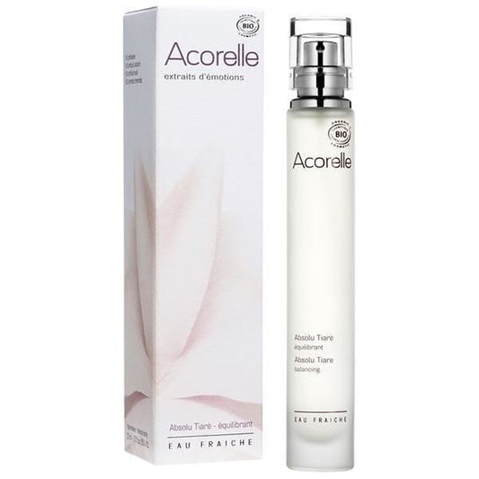 Bio-Eau Fraîche Absolu Tiaré von ACORELLE, Flasche mit blauer Flüssigkeit, natürlicher Gesichtsspray oder Hydrolat in transparenter Flasche