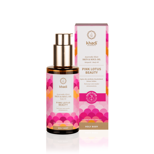 Harmonisierendes Haut- und Seelenöl von KHADI mit pinkem Lotus, flüssige Essenz in einer eleganten Flasche, für Hautpflege und Wohlbefinden