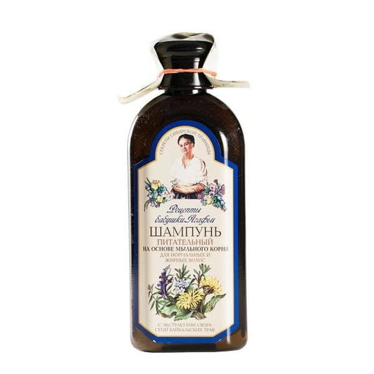 Pflegendes Shampoo für normales und fettiges Haar von RECEPTURY BABUSZKI AGAFII, 350 ml Flasche, cremige Textur, natürliches Haarpflegeprodukt