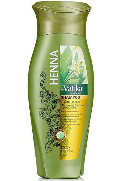 DABUR VATIKA Farbschützendes Shampoo mit Henna, 400ml Flasche, für colorgeschützte Haare, zeigt die Verpackung und Produktdetails
