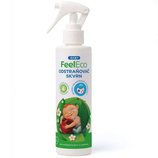 FEEL ECO Fleckentferner für Babykleidung, flüssiges Reinigungsmittel in einer weißen Flasche mit blauer Beschriftung
