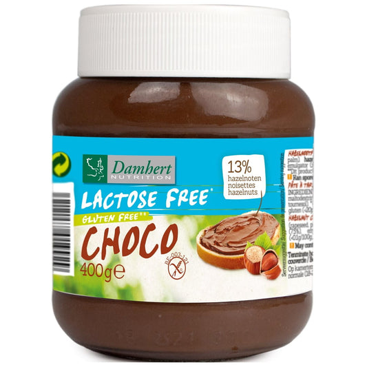 Schoko-Nuss-Creme von DAMHERT, laktose- und glutenfrei, 400g Glas mit cremiger Schokoladen-Haselnuss-Butter.