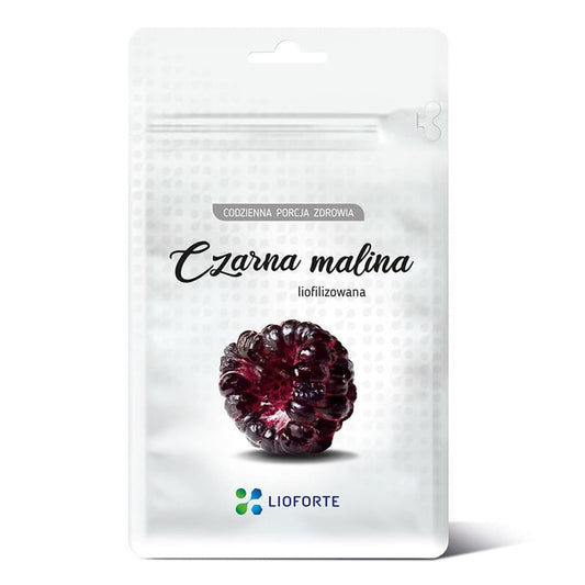 Gefriergetrocknete schwarze Himbeere von LIOFORTE, 25g, getrocknete Beeren in einer transparenten Verpackung sichtbar