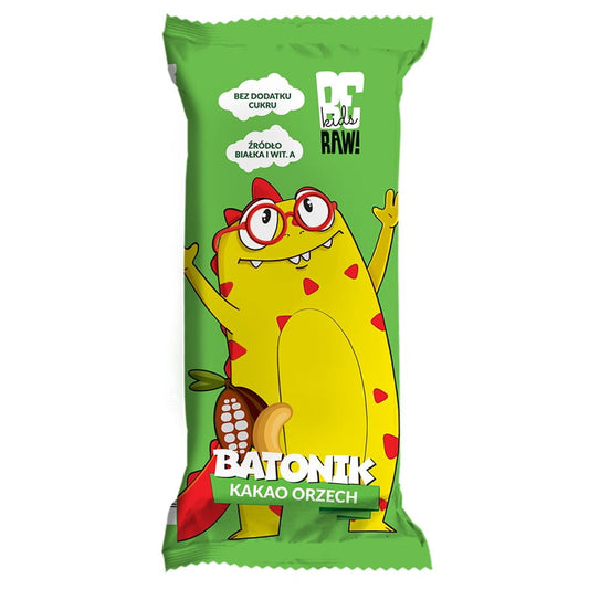 Baton Kids Kakao und Erdnüsse, 25g BERAW, Nahaufnahme der Schokoladen-Nuss-Snackpackung aus der Produktabbildung