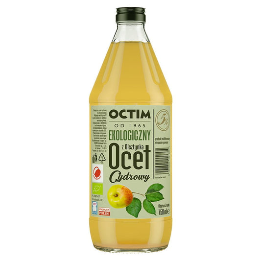 Bio Apfelessig in 750 ml Glasflasche, natürliches Essigprodukt von OCTIM, zeigt die klare Flasche mit Apfelessig.