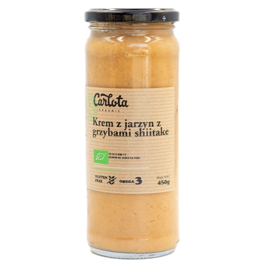 Bio-Creme mit Shitake-Gemüse und Pilzen von CARLOTA ORGANIC, cremige Suppe in 450g Verpackung, frisch und nachhaltig.
