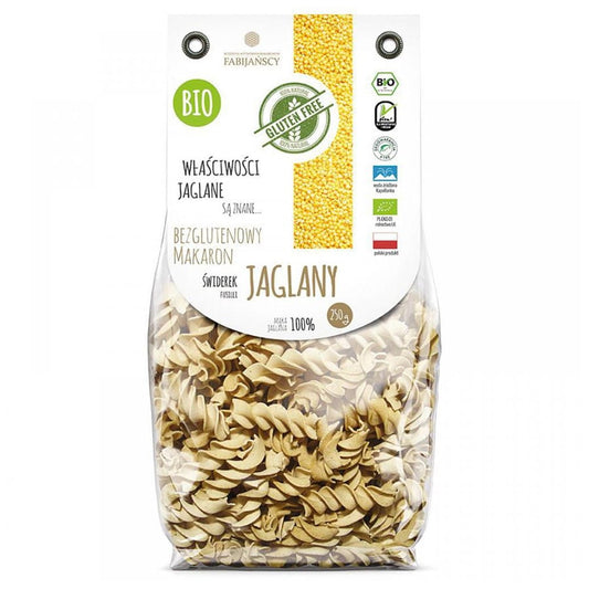 Hirse "świderek" glutenfreie BIO-Nudeln von FABIJAŃSCY in 250g Packung, ungekocht, Nahaufnahme der Nudeln
