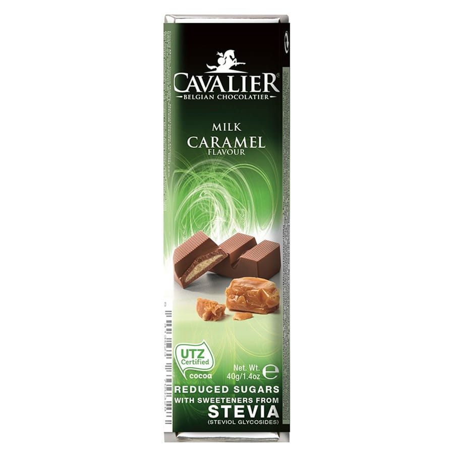 Milchschokoriegel mit Karamellfüllung von CAVALIER, 40g, Schokoladenriegel mit cremiger Karamellsohle, in Verpackung.