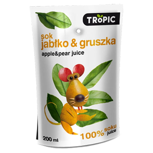 Frischer TROPIC Apfel-Birnensaft ohne Zuckerzusatz in 200ml Flasche, zeigt die Früchte in natürlicher Umgebung