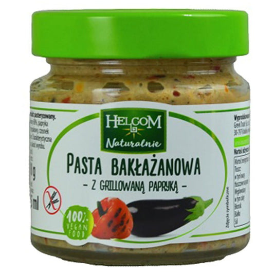Auberginenpaste mit gegrillter Paprika in 190g Dose von HELCOM, cremige vegetarische Brotaufstrich mit roter Paprika.