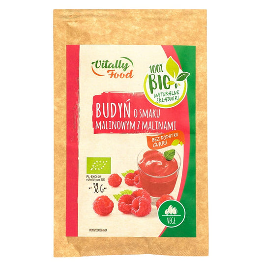 Bio Himbeer-Pudding von VITALLY FOOD mit frischen Himbeeren, zuckerfrei, 38g, cremige Textur, ideal für gesunden Genuss