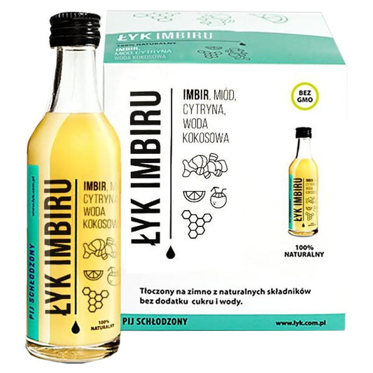 Natürliches Ingwer-Getränk von ŁYK in 50ml Flasche, frisch und würzig, ideal für gesunden Genuss.
