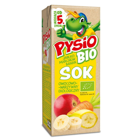Bio Apfel, Karotte und Banane Saft von PYSIO BIO, 200ml Flasche mit frischem, buntem Saft in Glasflasche
