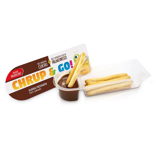 Knuspriger Snack "Crunch and go" von CD, süß und knusprig, 22g, zeigt die Verpackung und den Snack in Nahaufnahme.