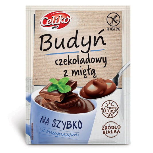 Glutenfreier Schokoladen- und Minzpudding von CELIKO in 37g Packung, cremige Textur, sichtbar mit Schokolade und Minze.