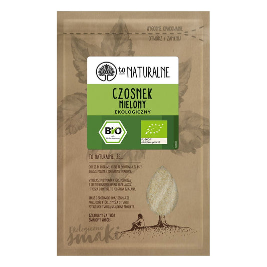 Gemahlener BIO-Knoblauch in 15g Packung, hochwertiges Gewürz von TO NATURALNE, Nahaufnahme der Gewürzpackung
